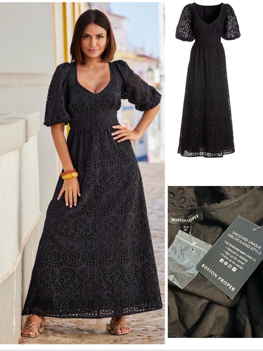 Boston Proper NWT Black Eyelet V‑Neck Maxi Dress